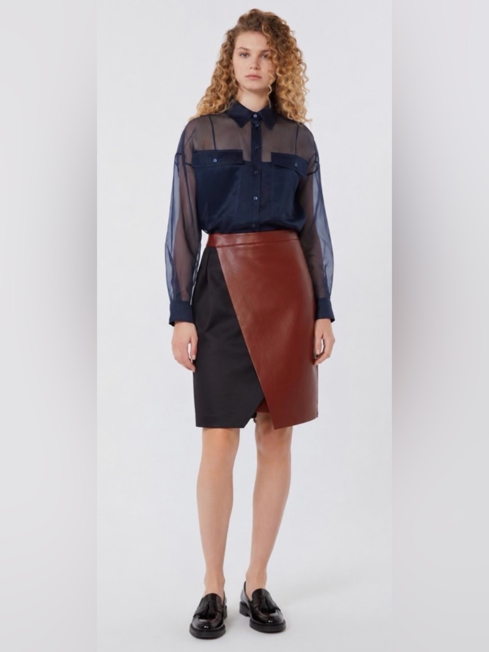 SPORTMAX Lamb Leather Pensil Midi Skirt Brown Black Size 14 NWOT Luxury Casual